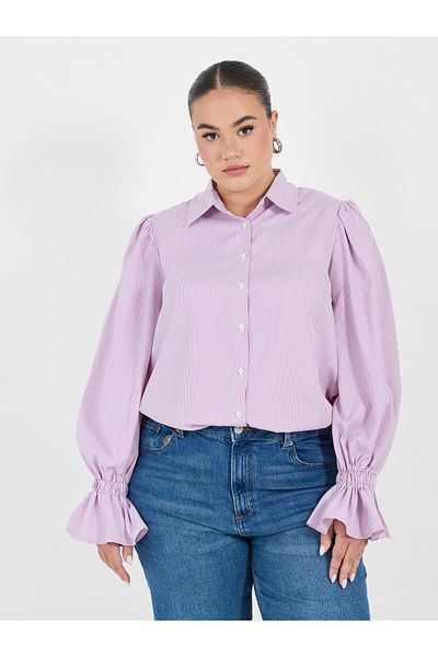 Styli Plus Size Striped Shirt with Flared Elasticated Balloon Sleeves