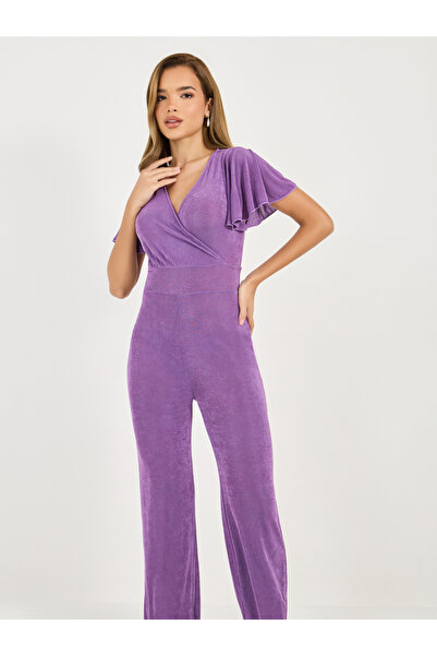 Styli Solid Straight Leg V Neck Stretchy Jumpsuit