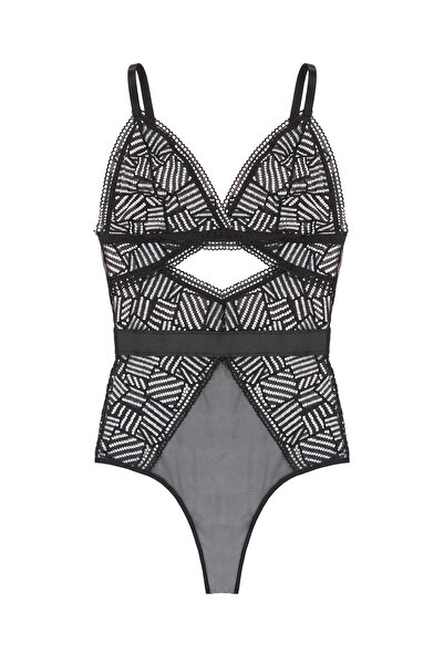 Simi Underwear İSLA KADIN SİYAH GEOMETRİK DANTELLİ BODY