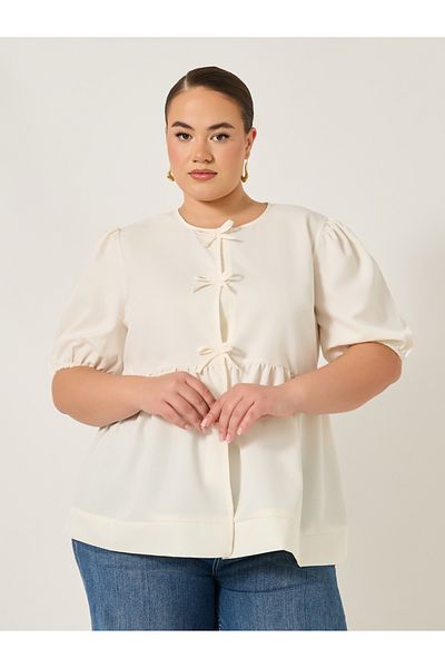 Styli Plus Size Puff Sleeve Ribbon Tie-Up Top