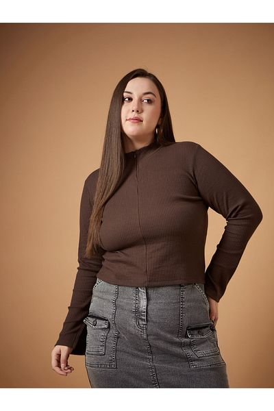 Sassafras By Styli Plus Size Rib Knit Front Zipper High Neck Top