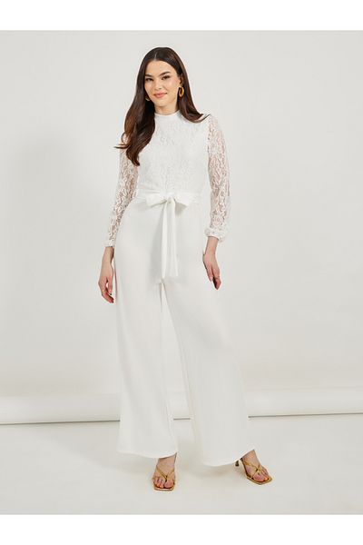 Styli Texture Lace Insert Wide Leg Jumpsuit with Waist Tie Detail