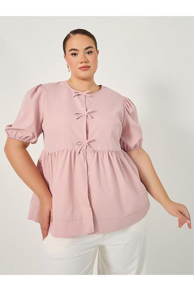 Styli Plus Size Puff Sleeve Ribbon Tie-Up Top