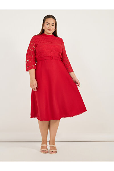 Styli Plus Size Lace Insert A-Line Midi Dress with Belt