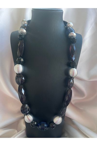 COCOSH TAKI Black Silver Color Stone Long Multiple Special Design Necklace