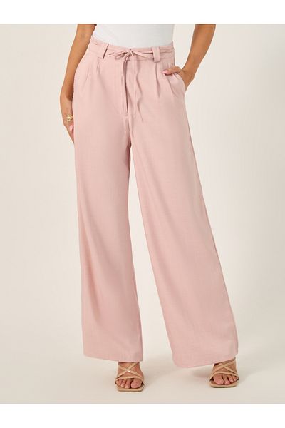 Styli Wide Leg Pants with Pleats and String Tie Belt