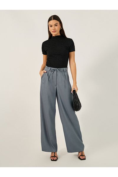 Styli Wide Leg Pants with Pleats and String Tie Belt
