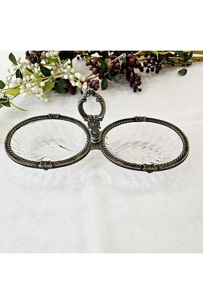 MaviDamla 2 Compartment Cast Metal Frame Snack Bowl with Gold Aged Detail