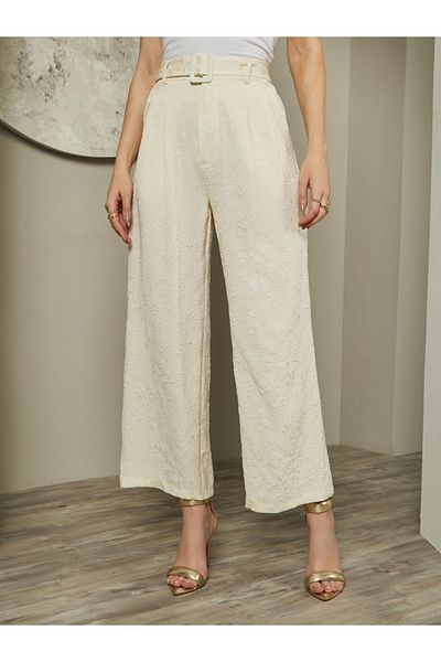 Styli Mid Rise Wide Leg Jacquard Pattern Belted Pants