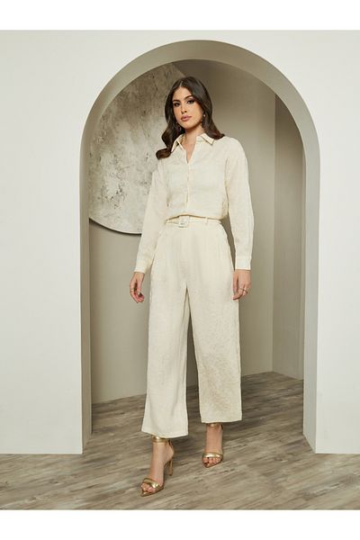 Styli Mid Rise Wide Leg Jacquard Pattern Belted Pants