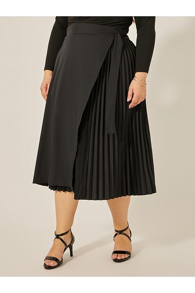 Styli Plus Size Overlap Wrap A-Line Midi Skirt with Pleated Detail