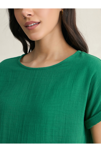 Femmella By Styli Solid Crinkled Turn-Up Sleeve Top