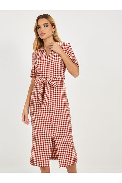 Styli Tweed Checked Sheath Midi Dress with Slit Hem