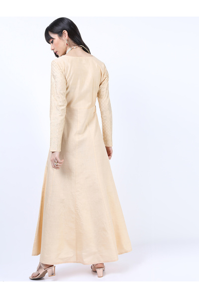 Vishudh By Styli Foil Panel Print Ethnic Maxi Dress with Dupatta