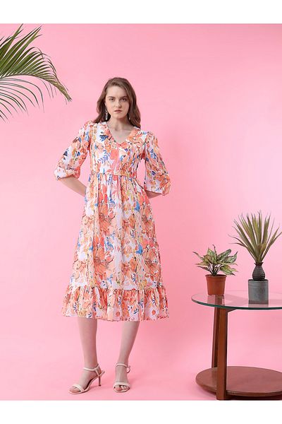 Mish By Styli Floral Print V Neck A-Line Midi Dress
