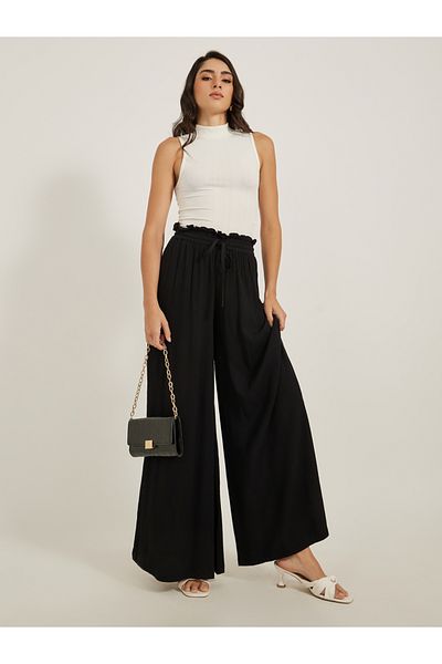 Styli Textured Wide Leg Pants with Paperbag Waistband