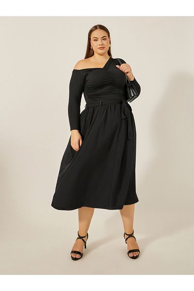 Styli Plus Size Gathered Detail Midi Skirt with Tie-Up Belt Detail