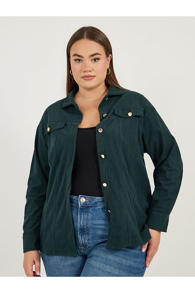Styli Plus Size Chest Pocket Corduroy Shirt with Metal Buttons