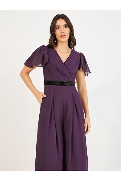 Styli Wide Leg Wrap Front Sequined Band Jumpsuit