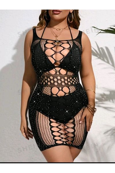 RENKLİFİRSATLAR Women's Strappy Large Size Matching Stone Fancy Nightgown Body Stockings