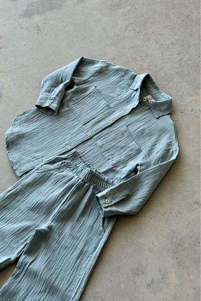KAPROLLI 100% Cotton Linen Fabric Boy's Top and Bottom Suit Collar Detailed Colorful Patterned Elastic Waist