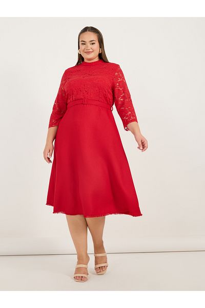 Styli Plus Size Lace Insert A-Line Midi Dress with Belt