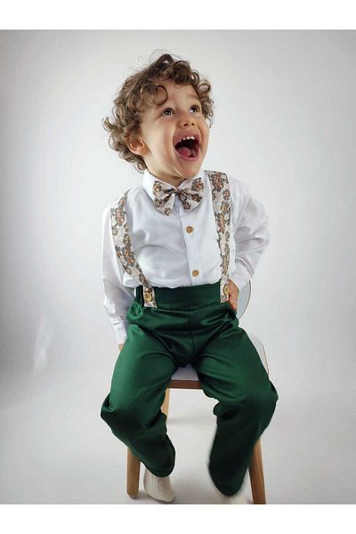GAMZEAKKUŞ Long Sleeved Shirt, Salopet Strap Pants, Bow Tie 3Pcs Suit for Boys