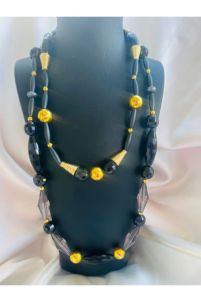 COCOSH TAKI Black Color Gold Detailed Multi-Design Necklace