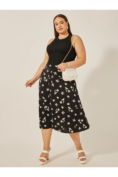 Styli Plus Size Floral Print A-Line Midi Skirt