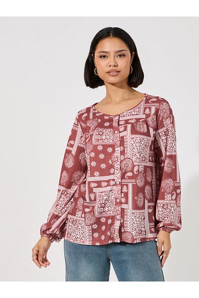 ARIA ROMANCE By Styli Patchwork Print Relaxed Fit Top