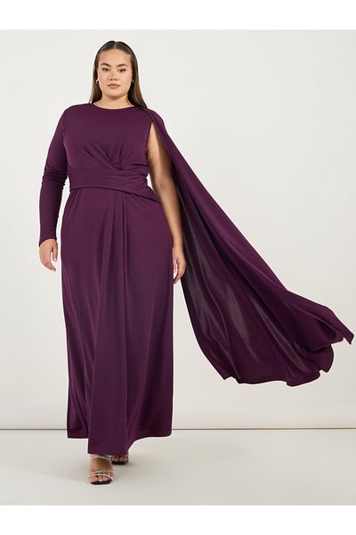Styli Plus Size Wrap Front Cape One Sleeve A-Line Maxi Dress
