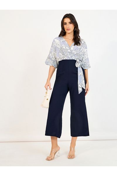 Styli Wide Leg Front Wrap Printed Jumpsuit