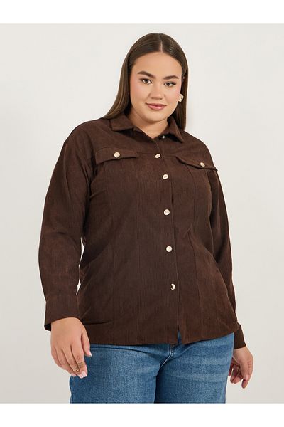Styli Plus Size Chest Pocket Corduroy Shirt with Metal Buttons