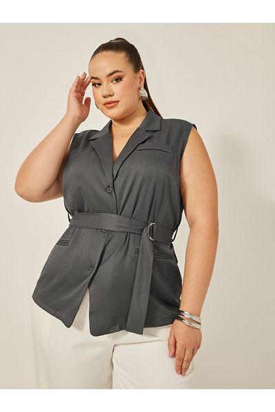 Styli Plus Size Notch Label Collar Waistcoat with Belt Detail
