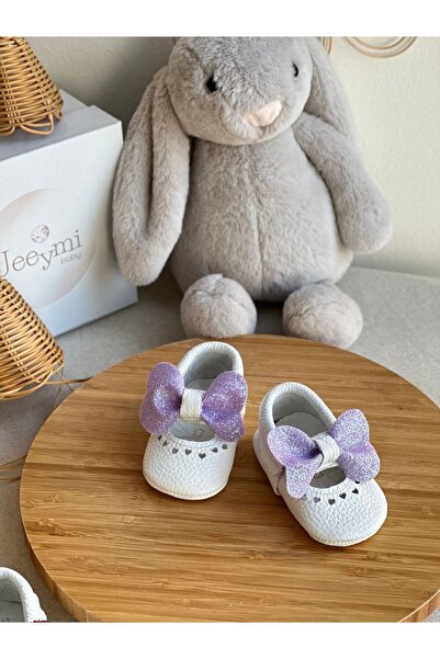 Li Puna White Shine Genuine Leather Baby Moccasin with Purple Stone