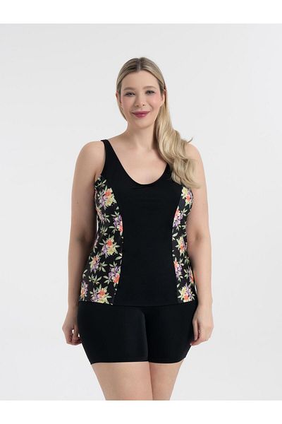 AQUAVİVA Aquaviva Women's Plus Size Black Lilac Print Pamela Tankini with V Neck Shorts