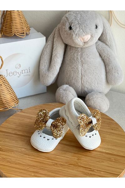 Li Puna White Shine Genuine Leather Baby Moccasin with Gold Stones
