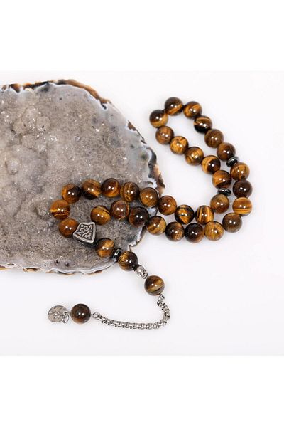 Taş Sandığı Tiger Eye Stone Steel Rosary (8 mm) - Non-Tarnish Tassel