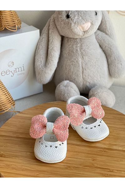 Li Puna White Shine Genuine Leather Baby Moccasin with Pink Stones