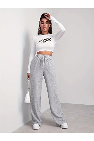 yx yustex sport Kadın Gri Baggy Bol Kesim Esnek Rahat Kumaş Eşofman Altı