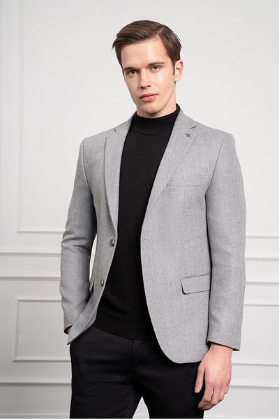 Morven Men's Gray Wool Patterned Dynamic Fit Relaxed Cut Mono Collar Jacket