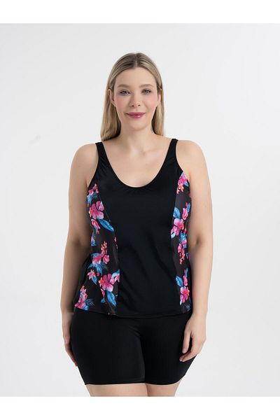 AQUAVİVA Aquaviva Women's Plus Size Black Floral Print Pamela Tankini with V Neck Shorts