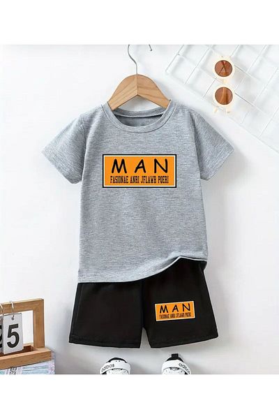 vinraus Girl\Boy Gray-Black Man Printed Shorts-Tshirt Set