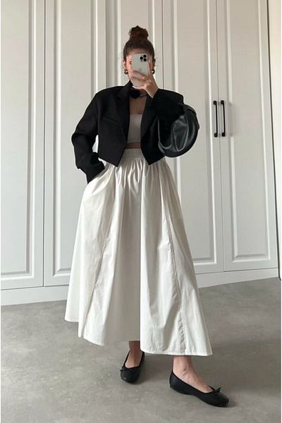 Safgiyim44 Ecru Color Women's Clothing Elastic Waist Double Pocket Poplin Skirt