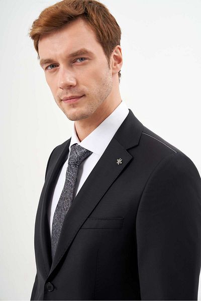 Morven Men's Black Wool Platinum Plain Pattern Slim Fit Mono Collar Suit