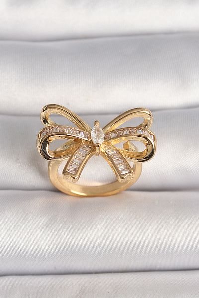 Skygo Brass Gold Color Adjustable Zircon Stone Ribbon Model Women's Ring - Tj-Byk3592