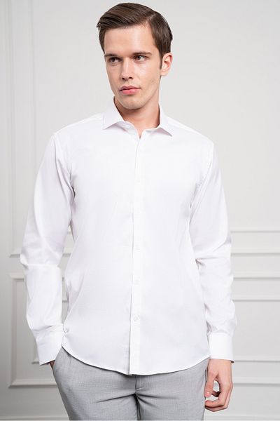 Morven Cămașă pentru bărbați din bumbac alb, slim fit, cu guler italian