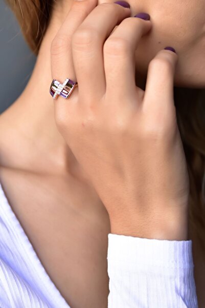 Papatya Silver 925 Ayar Gümüş Rose Kaplama Renkli Baget Taşlı Yüzük