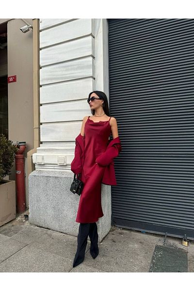 ALBATROS BUTİK Rochie de damă din satin cu bretele subțiri de lungime midi (bretele pot fi reglate)