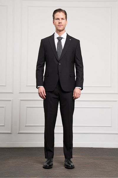 Morven Men's Black Woolen Platinum 4-Drop Dynamic Fit Mono Collar Suit